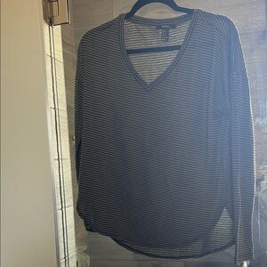 Green with black Striped V-Neck Long Sleeve Top